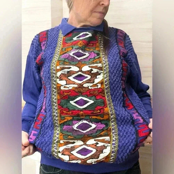 1980s VTG purple coogi style Southwest Aztec abstract purple hip hop sweater-L - Picture 2 of 9
